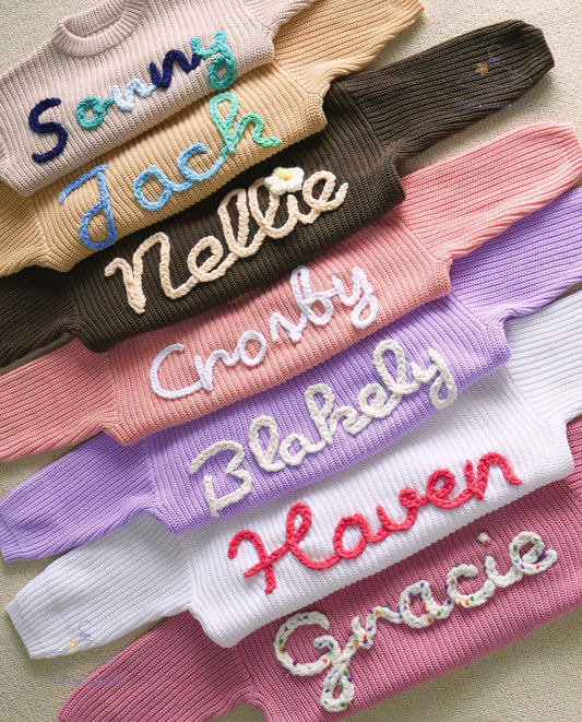 Personalized Hand embroidered Name Baby Sweater,Custome Baby Name Sweater,Pink Baby Girls Sweater With Name,Birthday Gift For Baby Girls Boy Hand Embroidered woodyhousetoys