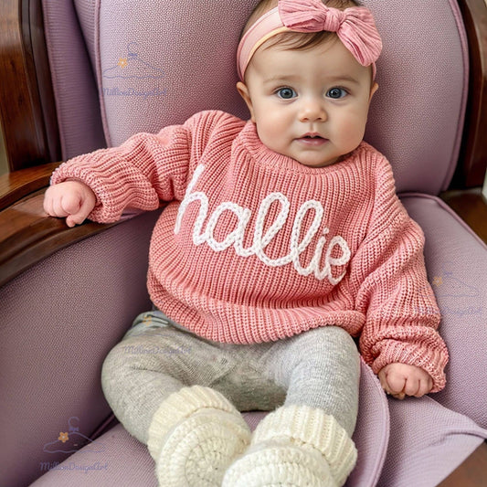 Personalized Hand embroidered Name Baby Sweater,Custome Baby Name Sweater,Pink Baby Girls Sweater With Name,Birthday Gift For Baby Girls Boy Hand Embroidered woodyhousetoys